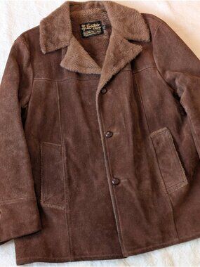 Sears Leather Shop Vintage 70s Brown Suede Heavy Leather Western Overcoat Sz 44